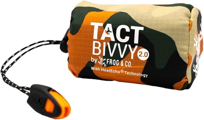 Survival Frog Tact Bivvy 2.0 Emergency Sleeping Bag with Stuff Sack, Carabiner & Survival Whistle – Compact, Lightweight, Waterproof, Reusable Thermal Bivy Sack Shelter Kit