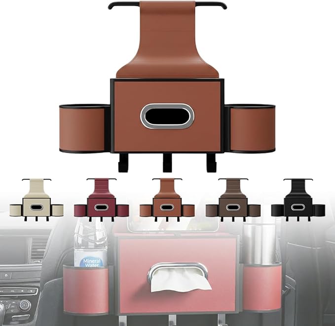 Back Seat Car Organizer,3 in 1 Car Backseat Storage Box with Cup Holder,Tissue Box,Trash Bin&Hooks,Multifunctional Waterproof Storage for Hold Phones Snacks Drinks Handbags (1, A-Orange)