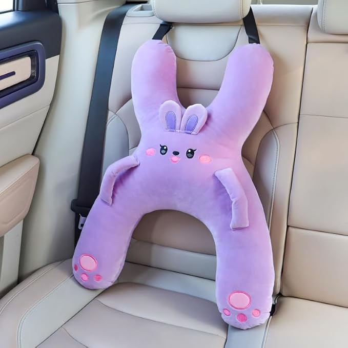 Car Pillow for Travel – Animal-Themed Car Seat Cushion with Safety Belt Protector – 4 Cute Styles: Pig, Dog, Rabbit, Panda (Dog)