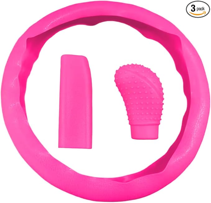 3PCS Silicone Car Steering Wheel Cover Set - Includes Car Handbrake Cover & Gear Shift Cover & Anti-Slip Steering Wheel Protector, Universal Auto Interior Decoration for Most Cars (Rose Red)