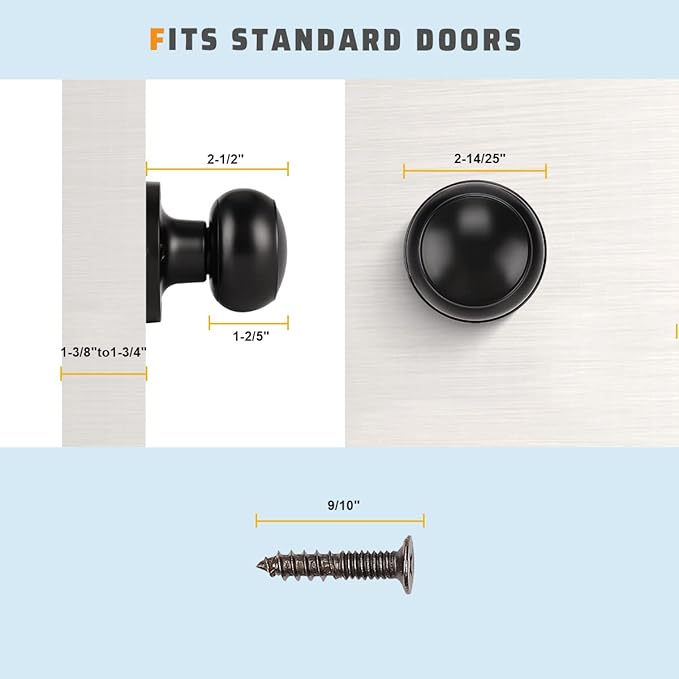KNOBWELL 2 Pack Black Dummy Door Knob, Single Sided Handle for Closets, French Double Doors, and Pantry, Matte Black One Side Non-Turning Interior Push/Pull Door Knob
