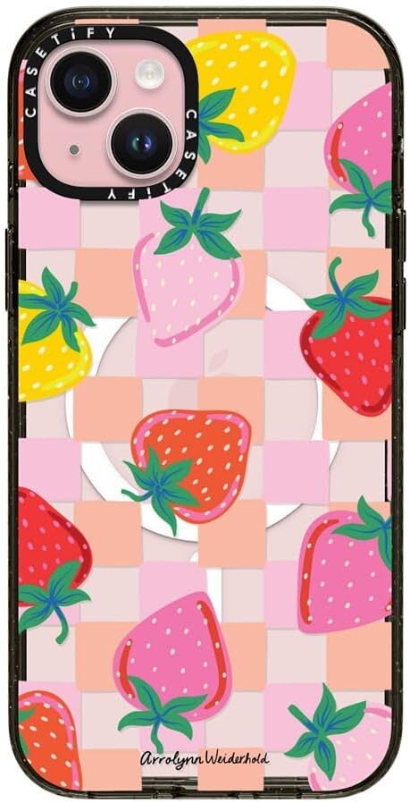CASETiFY Impact Case for iPhone 15 Plus [8.2ft 4X Military Grade Drop Protection/Compatible with Magsafe] - Fun Strawberries - Clear Black