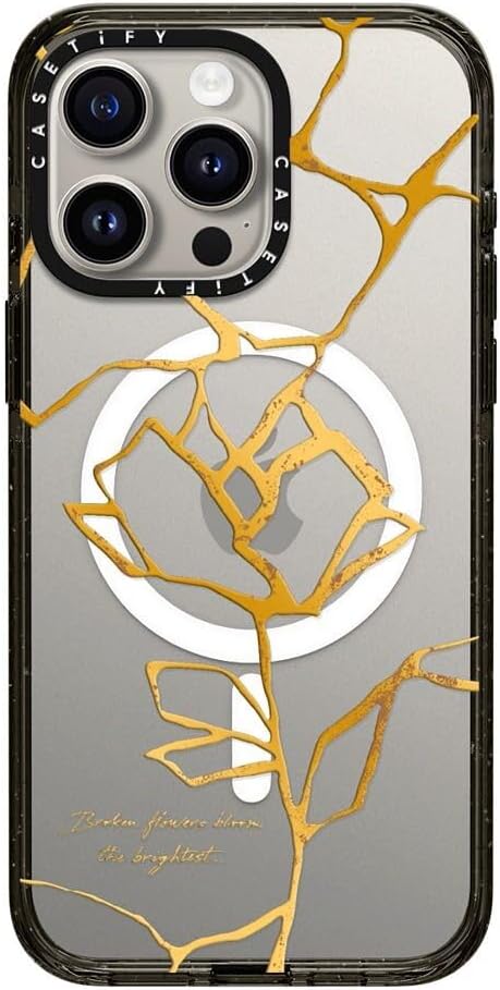 CASETiFY Impact iPhone 15 Pro Max Case [Slim/Compatible with Magsafe / 8.2 ft. 4X Military Grade Drop Protection] - Kintsugi Flower - Clear Black