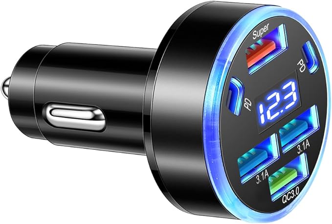 Super Fast Charging 150W 6-Port USB C Car Charger Adapter with Voltmeter, 2PD +2USB 3.1A + QC3.0 &Super Multi Port Cigarette Lighter USB Charger for iPhone, Android, Samsung, iPad Pro