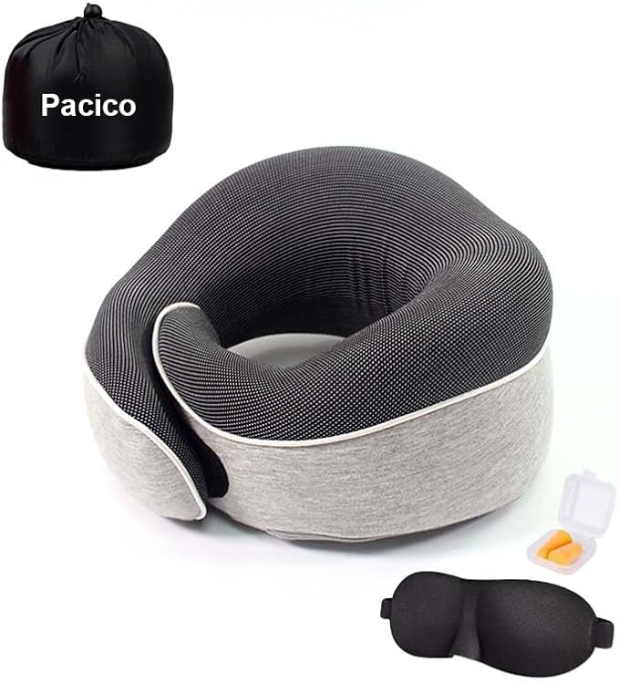 Travel Pillow 100% Pure Memory Foam Neck Pillow, Sleeping Pillow for Car, Train and Airplane, Travel Kit with 3D Contoured Eye Masks and Earplugs (Light Gray)