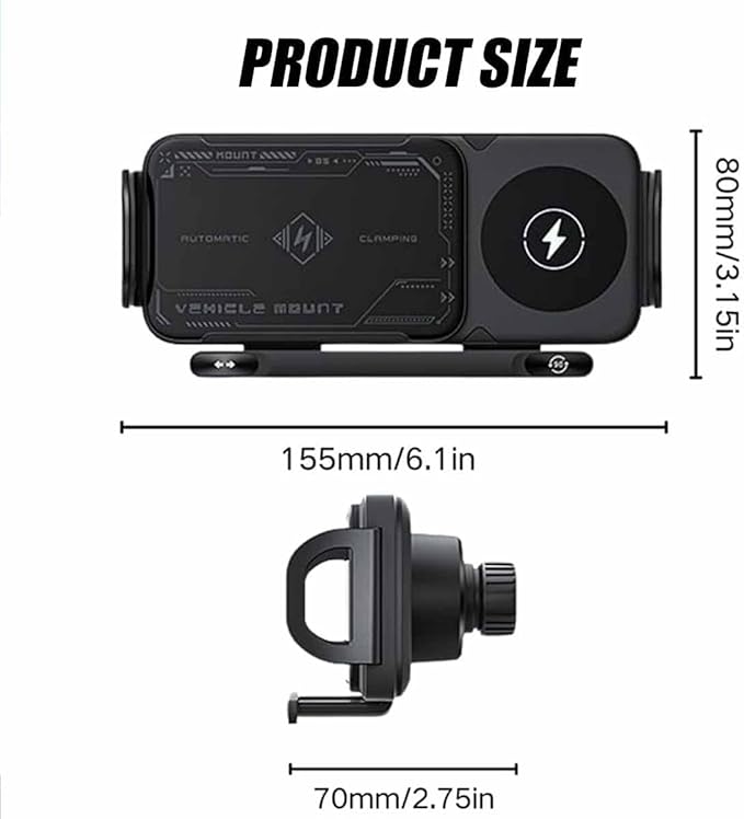 High Intelligent 2 in 1 Auto Rotating Car Charger Cell Phone/Pad Holder, One-Touch Rotatable Car Vent Mount for Smartphone/Pad/Foldable Phone (Black)