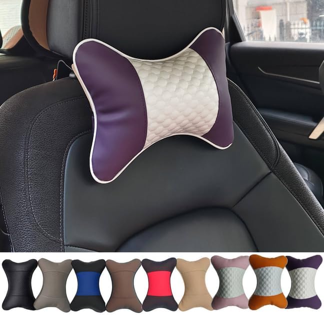 Car Neck Pillows Both Side Pu Leather 2pieces Pack Headrest Fit for Most Cars Filled Fiber Universal Car Pillow (Purple)