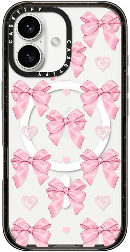 CASETiFY Impact Case for iPhone 16 [Slim / 8.2 ft. 4X Military Grade Drop Protection/Compatible with Magsafe] - Pink Bows - Clear Black