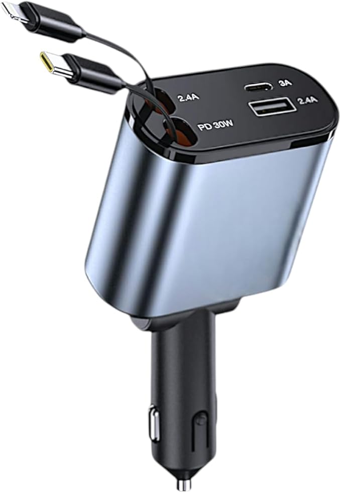 Retractable car Charger USB C, 4 in 1 Fast Car Phone Charger 120W, USBC and Lightening Car Adapter, iPhone 16 pro car Charger, Compatible with iPhone 16/15/14/13/12/11- Pro Max, Galaxy, Pixel