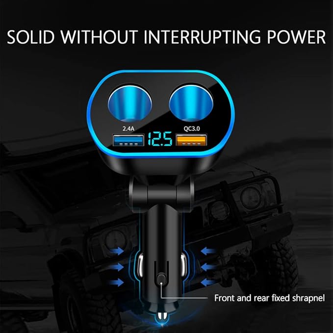 2026 New Upgrade 4 Port Cigarette Lighter Splitter,2.4A&QC3.0 Super Fast Car Charger with Dual Cigarette Lighter Plug with LED Voltmeter Compatible with Mobile Cell Phone Dash Cam GPS (QC+2.4A)