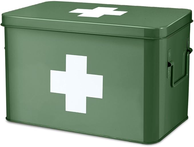 Flexzion First Aid Box Organizer Empty 13" Green Vintage First Aid Kit Tin Metal Medical Box - First Aid Storage Box Container Bins with Dividers, Removable Tray and White Cross Logo