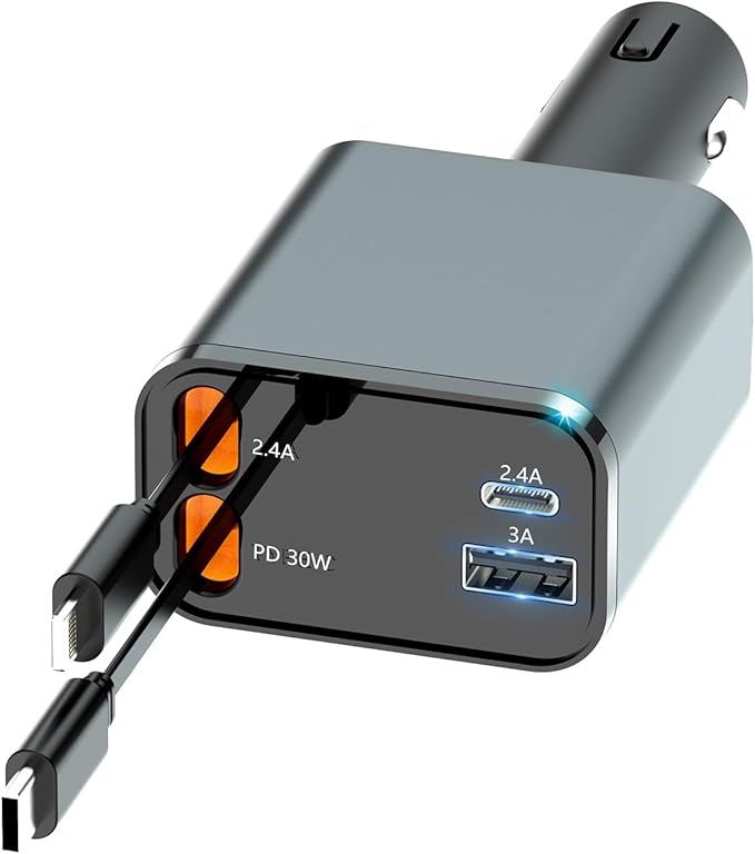 Retractable 70W 4 in 1 Car Charger with Retractable Cord, Fast Car Phone Charger Adapter Compatible with iPhone 16/15/14/13/12/11, Pixel, Samsung, USB C, Type C, Black (2024)