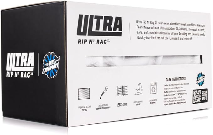 The Rag Company - Ultra Rip N' Rag XL Premium Reusable Pearl-Weave Microfiber Towels for Coatings, Glass, Detailing, Home, RV and More - 50 Count - Quality 70/30 Blend - 280gsm 16" x 16" - White