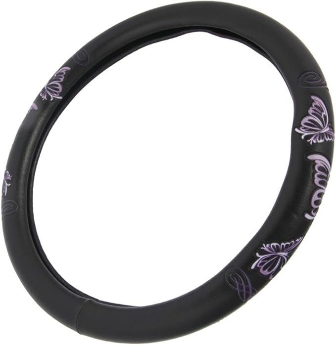 BDK Purple Butterflies Design Comfort Grip Steering Wheel Cover for Car SUV Van & Truck - 15 Inch Standard Size, Butterfly Purple