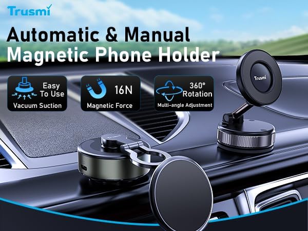 Trusmi Vacuum Magnetic Car Phone Holder - 16N Ultra-Strong Magnet Suction Cup Mount for Windshield & Glass, 360° Rotatable Manual Vacuum Adsorption Phone Stand for iPhone MagSafe & Android - Black