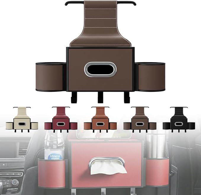 Back Seat Car Organizer,3 in 1 Car Backseat Storage Box with Cup Holder,Tissue Box,Trash Bin&Hooks,Multifunctional Waterproof Storage for Hold Phones Snacks Drinks Handbags (1, A-Coffee)