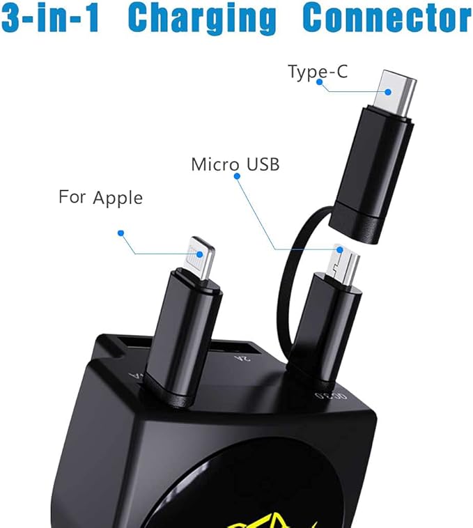 Retractable Car Charger, Fast Charge 3.1A 47W, Retractable Cables (3Ft) and 2 USB Ports Car Charger Adapter, Compatible with iPhone & Android Cell Phones,Car Accessories