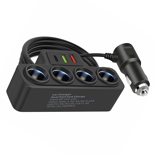 12V/24V Car Charging Adapter Car Power Socket Splitter 120W with USB C Port & 75cm Long Cable for Vehicles
