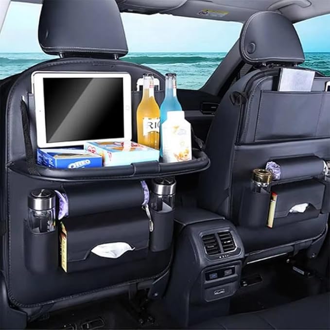 Luxury PU Leather Car Backseat Organizer with Foldable Table – Multi-Functional Car Seat Storage. Waterproof Travel Back Seat Organizer with Cup Holders, Tissue Box & Tablet Pocket (Beige)