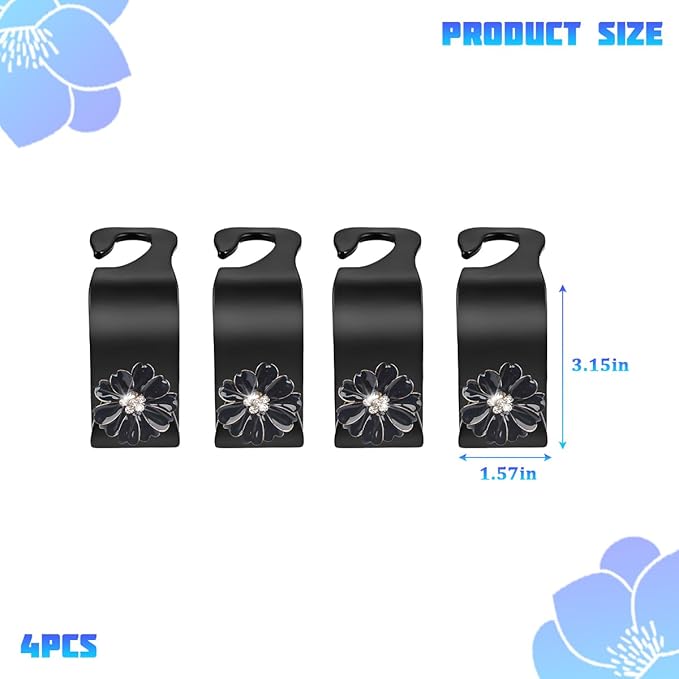 4PCS Bling Car Seat Headrest Hooks, Crystal Rhinestone Flower Vehicle Back Seat Hanger Holder Hook, Automotive Interior Hanging Storage Accessories for Purse Coats Bag, Universal Fit (Black)