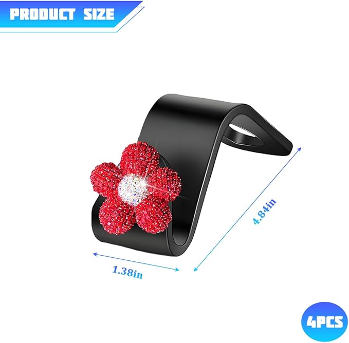 Bling Car Seat Headrest Hook, 4PCS Daisy Crystal Rhinestone Vehicle Backseat Hanger Storage Hook for Purses Bags, Auto Interior Headrest Storage Organizer Decorations, Universal Fit (Red)