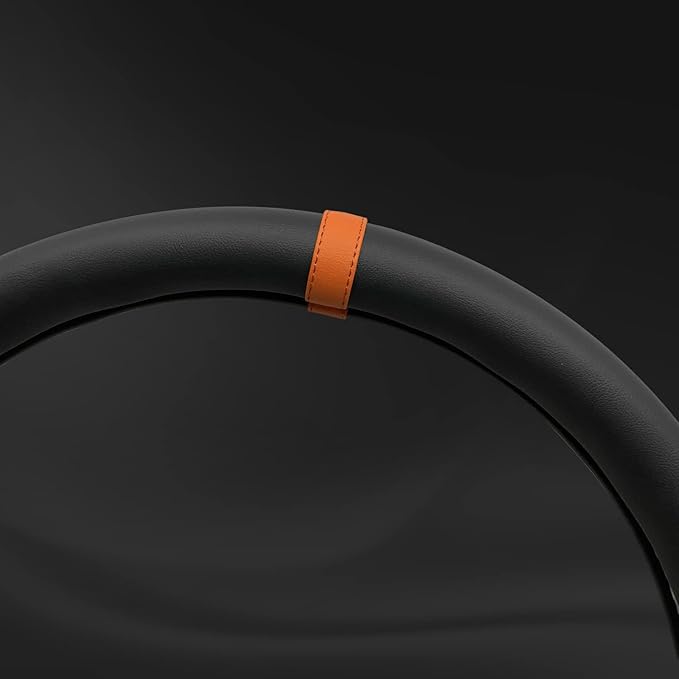 Morandi Color Steering Wheel Cover, Nappa Leather, Fashionable Sporty Style, Universal 15 inches, Black and Orange