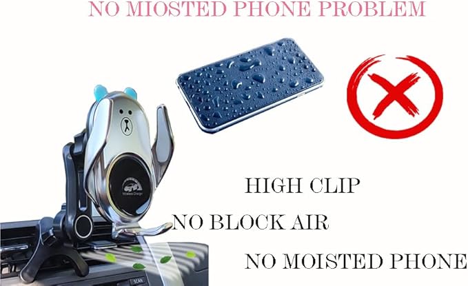 Phone Mount for Car Wireless Charger Auto Clamping with Rotatable Vent Clip Cute Bear for iPhone Samsung Andriod Phone