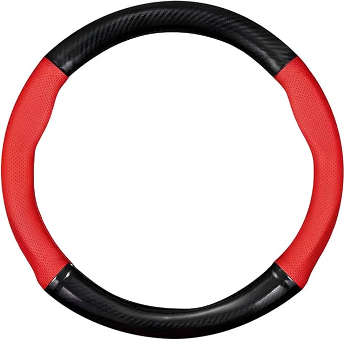 Car Breathable Steering Wheel Cover, Carbon Fiber Wear-Resistant Steering Wheel Protector for Comfy Grip, Universal Non-Slip Leather Wheel Sleeve for Most Car SUV Truck (Red)