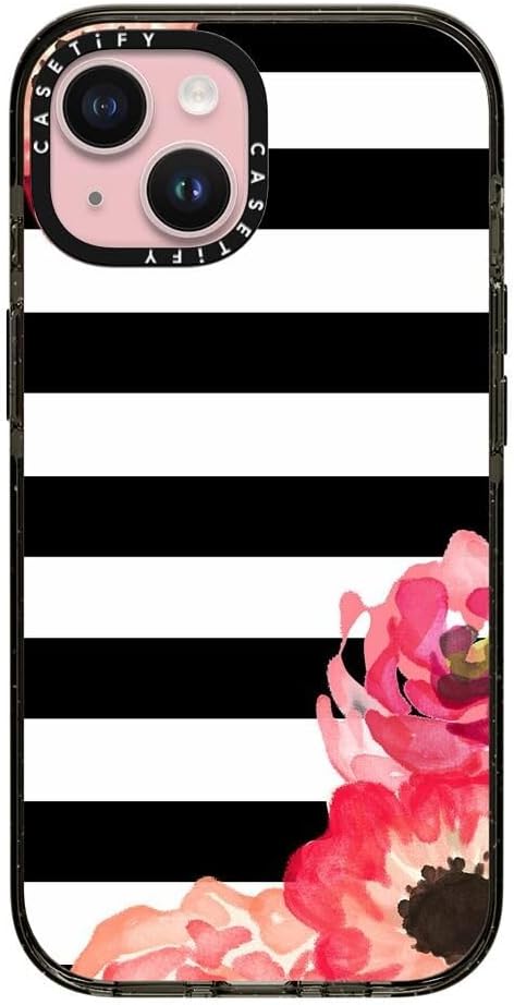CASETiFY Impact iPhone 15 Case [Slim/Compatible with Magsafe / 8.2 ft. 4X Military Grade Drop Protection] - Striped Florals (Black & White) - Clear Black