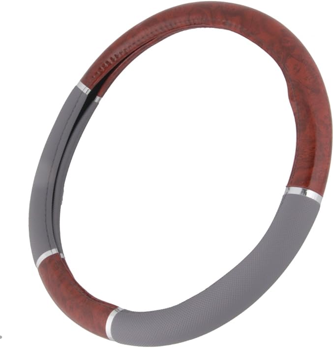 BDK Dark Wood Grain Car Steering Wheel Cover, Standard 15 inch with Gray Faux Leather Grip, Made to Fit Most Auto Truck Van SUV