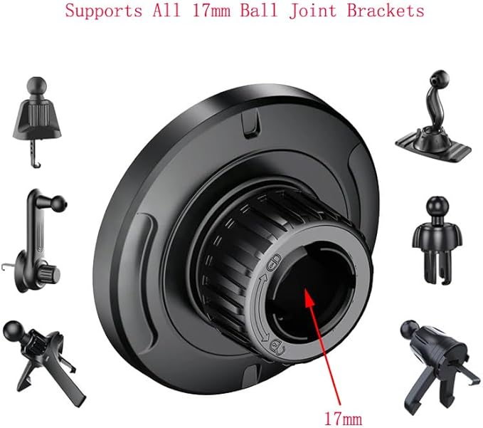 Car Phone Holder Mount Replacement Magnetic Base with 17mm Ball Head Socket Joint for iPhone Magsafe Case 15 14 13 12 Cell Phone Clip Rotation Air Vent Dashboard Windshield Stand