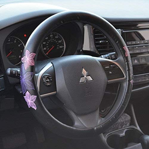 BDK GripGrab Comfort Grip - Purple & Pink Flowers Design on Black Synthetic Leather Steering Wheel Cover 15" - SW-538_AM