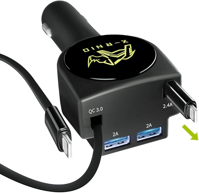 Dual Retractable Car Charger Compatible with iPhone Cell Phone, Fast Charge 2.4A 44W, Retractable Cables (3Ft) and 2 USB Ports Car Charger Adapter, X-Rnio Charger
