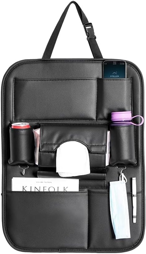 2 Pack PU Leather Premium Car SeatBack Organizer Travel Accessories Kick mats Back seat Protector and Cup Holder Holder Universal Use Seat Covers (23×17 in)