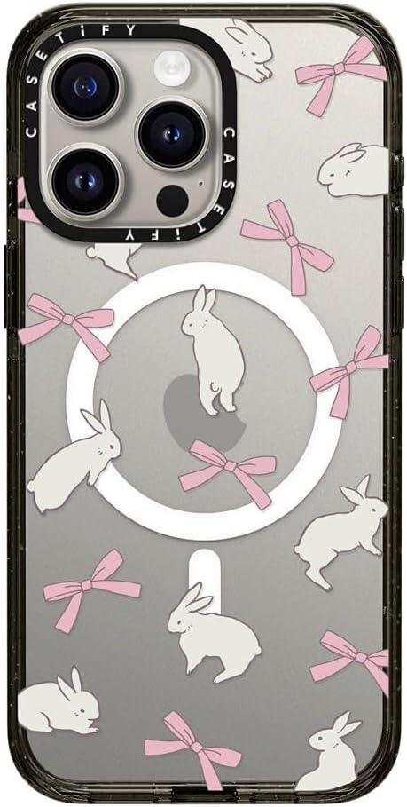 CASETiFY Impact iPhone 15 Pro Max Case [4X Military Grade Drop Tested / 8.2ft Drop Protection/Compatible with Magsafe] - Animal Prints - Rabbit Ribbon - Clear Black