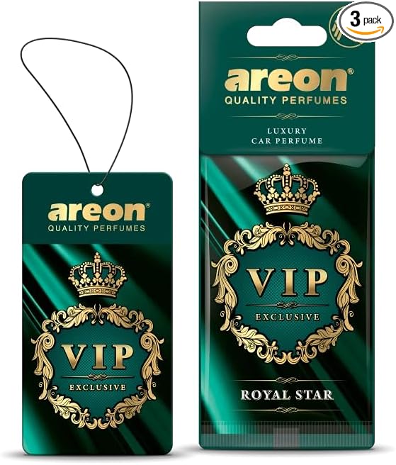 AREON VIP - Hanging Cardboard Air Freshener for Car - Premium Cologne CAR Perfume Air Freshener with Natural Fragrances - Long Lasting, Fresh, Luxurious Scent - Stylish Design -Royal Star, Pack of 3