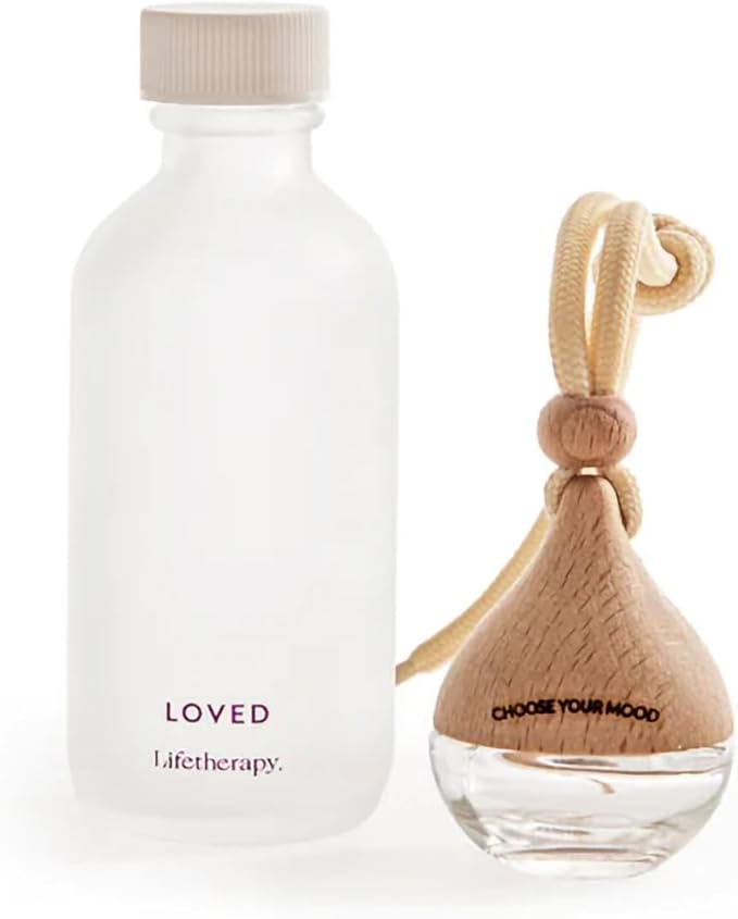 Lifetherapy Choose Your Mood 2 Ounce Glass and Beech Wood Waterdrop Shaped Scented Vehicle Auto Car Diffuser, Loved