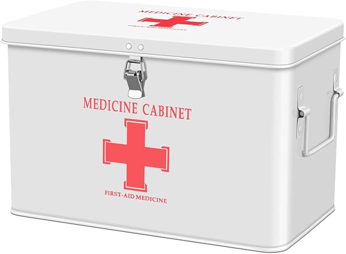 Flexzion First Aid Box Organizer Empty with Lock - 13" White Vintage First Aid Kit Tin Metal Medical Box - First Aid Storage Bin Container with Dividers, Removable Tray and Red Cross Logo