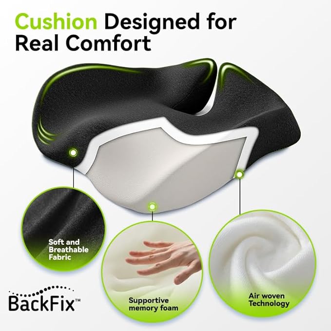 BackFix Extra Large Wide Support Car Seat Cushion – Pressure Relief Hip, Lumbar, Tailbone, Sciatica. Adaptive Contour Memory Foam. Cooling Tech Car-Truck-Office Seat, Black