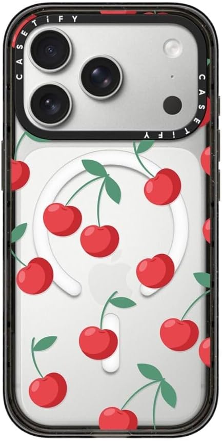 CASETiFY Impact iPhone 17 Pro Case [Slim/Compatible with Magsafe / 8.2 ft. 4X Military Grade Drop Protection] - Cherries - Clear Black
