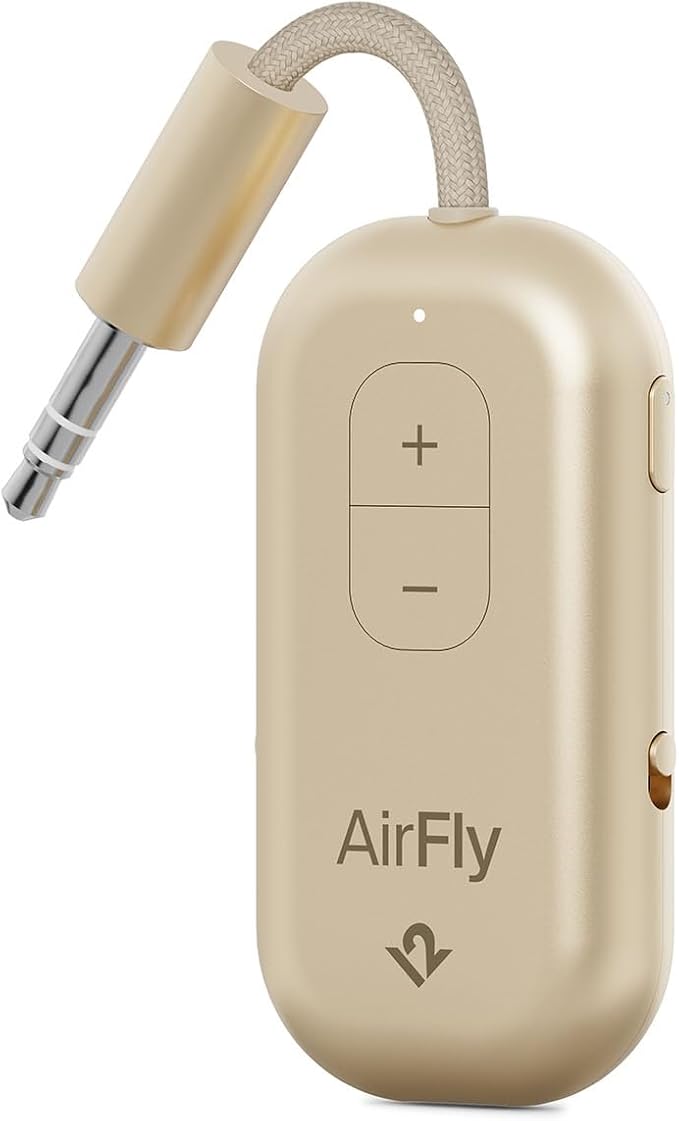 Twelve South AirFly Pro | Bluetooth Wireless Transmitter/Receiver Adapter for 2 Headphones, Audio Sharing, Compatible with 3.5mm aux Jack for Airplanes, TV, Gym, Stereo, and Travel, Gold