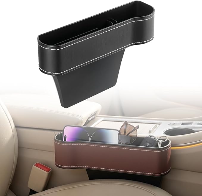 Car Seat Gap Filler Organizer, 2026 New Premium Leather Console Organizer for Holding Phone, Sunglasses, Auto Console Side Storage Box with Cup Holders 2 Seat Hooks for Drink (Black, Passenger Seat)