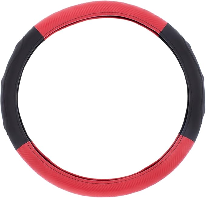 United Pacific 70409 18" Carbon Fiber Pattern Steering Wheel Cover, Engineered Leather Construction, Large Grip – ONE Steering Wheel Cover – Black/Red Carbon Fiber