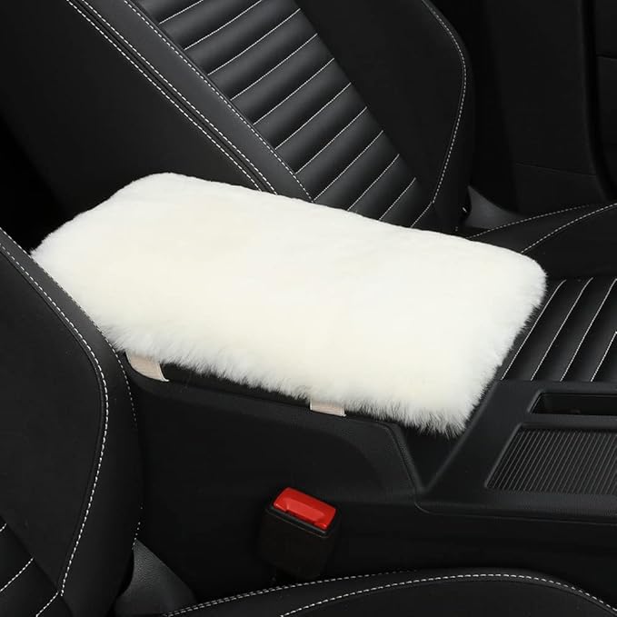 Sheepskin Armrest Cover Auto Center Armrest Cover Car Soft Console Pad, Fluffy Wool Auto Center Console Cover for Most Car Arm Rest Decoration Protector 7 x 13 Inch (Shearling, Ivory White)