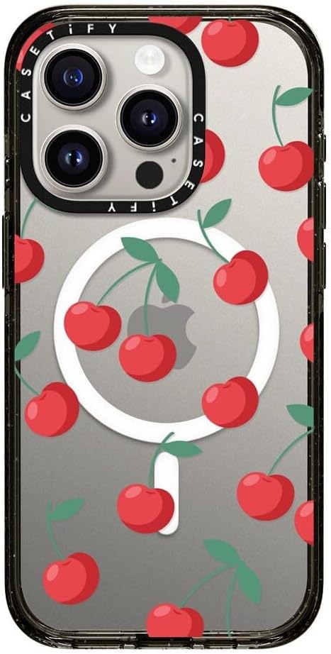 CASETiFY Impact Case for iPhone 15 Pro [8.2ft 4X Military Grade Drop Protection/Compatible with Magsafe] - Cherries - Clear Black