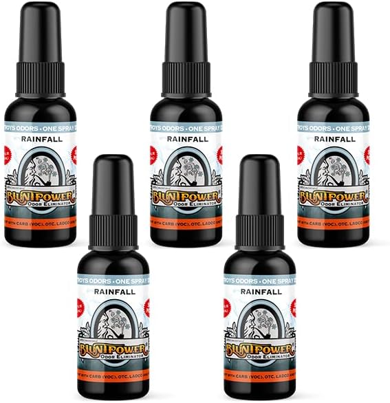 BluntPower (Rainfall, 5 Pack) Concentrated Odor Eliminator and Diffuser Oil - Room Deodorizer, Odor Eliminator, and Smoke Eliminator Spray - Premium Oil Based Air Freshener & Odor Eliminator Spray