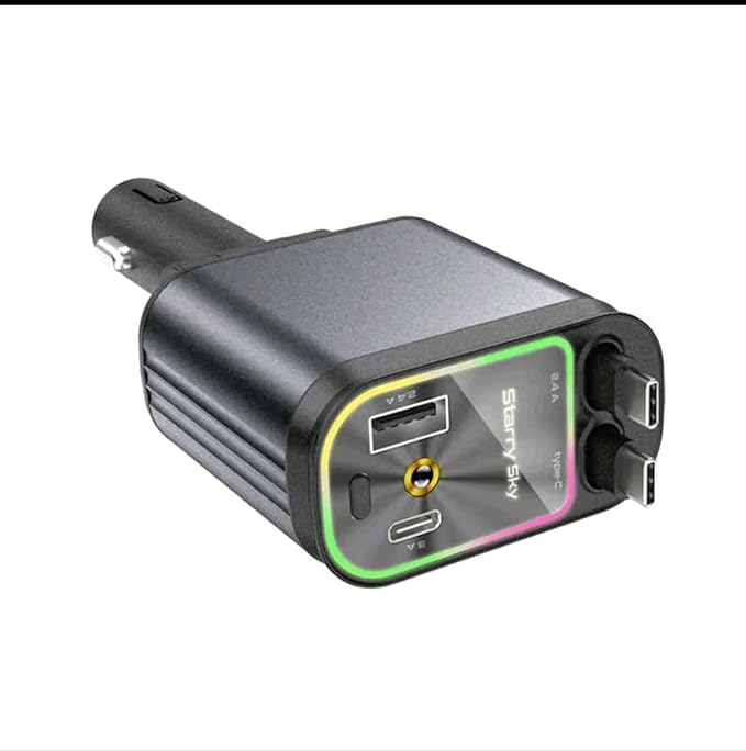Super Fast Retractable Car Charger, 4-in-1 PD QC 3.0 Adapter with Dual Type-C & Lightning Cables for iPhone Samsung Pixel