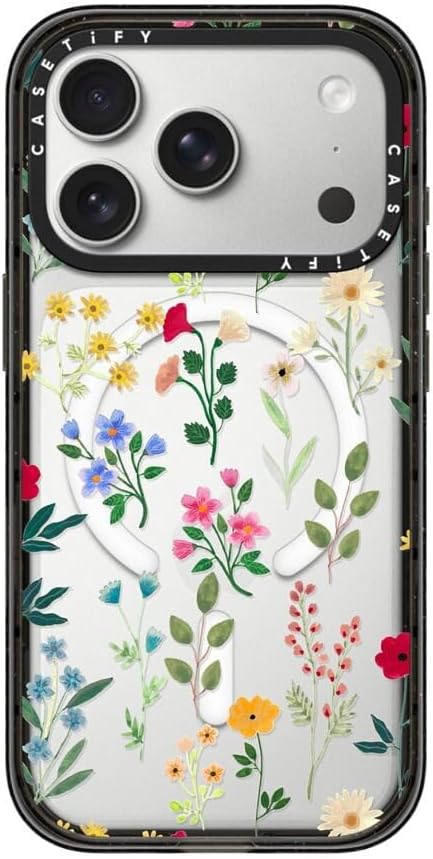 CASETiFY Impact iPhone 17 Pro Case [Slim/Compatible with Magsafe / 8.2 ft. 4X Military Grade Drop Protection] - Spring Botanicals 2 - Clear Black