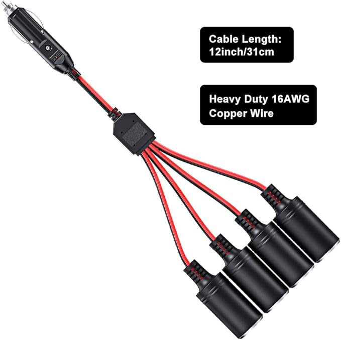 ELECTOP 1 to 4 Car Cigarette Lighter Splitter Adapter Power Charger Port, 12V 24V Plug Socket Adapter 4-Way Splitter, 12 inch Cigarette Lighter Extension Cord Cable 16AWG with 15A Fuse