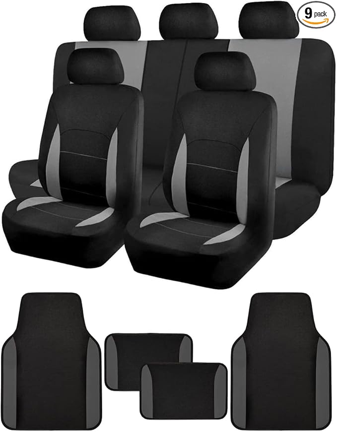 Flying Banner Car Seat Covers Front Seats Rear Bench Polyester car seat Protectors Easy installations Rear Bench Split Classic Man Lady Truck (Full Set - Low Back - Combo Pack, Black Gray)